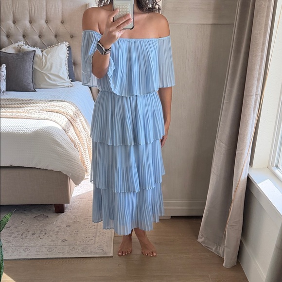 Vici Dresses & Skirts - Vici Light Blue One-Shoulder Pleated Tiered Midi Dress